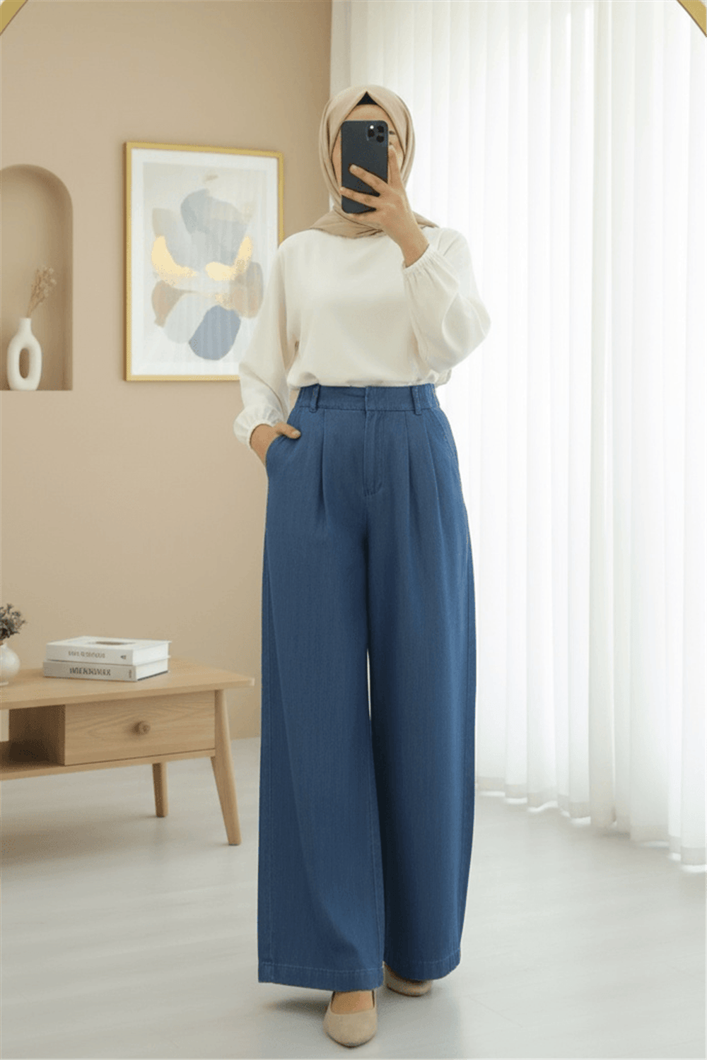 Yarım Lastikli Çift Cepli Bol Paça Kot Pantolon -Koyu Mavi-Pantolon-417-16374-R26