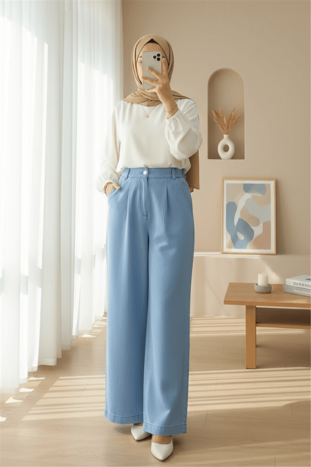Yarım Lastikli Çift Cepli Bol Paça Kot Pantolon -Açık Mavi-Pantolon-417-16374-R25