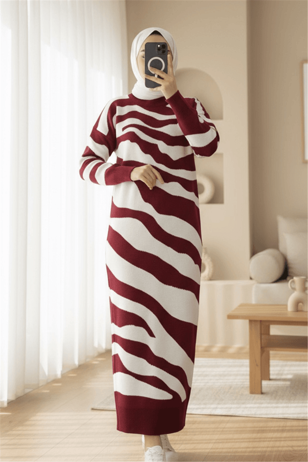 Yırtmaçlı Desenli Triko Elbise   -Bordo-Elbise-384-45-R04