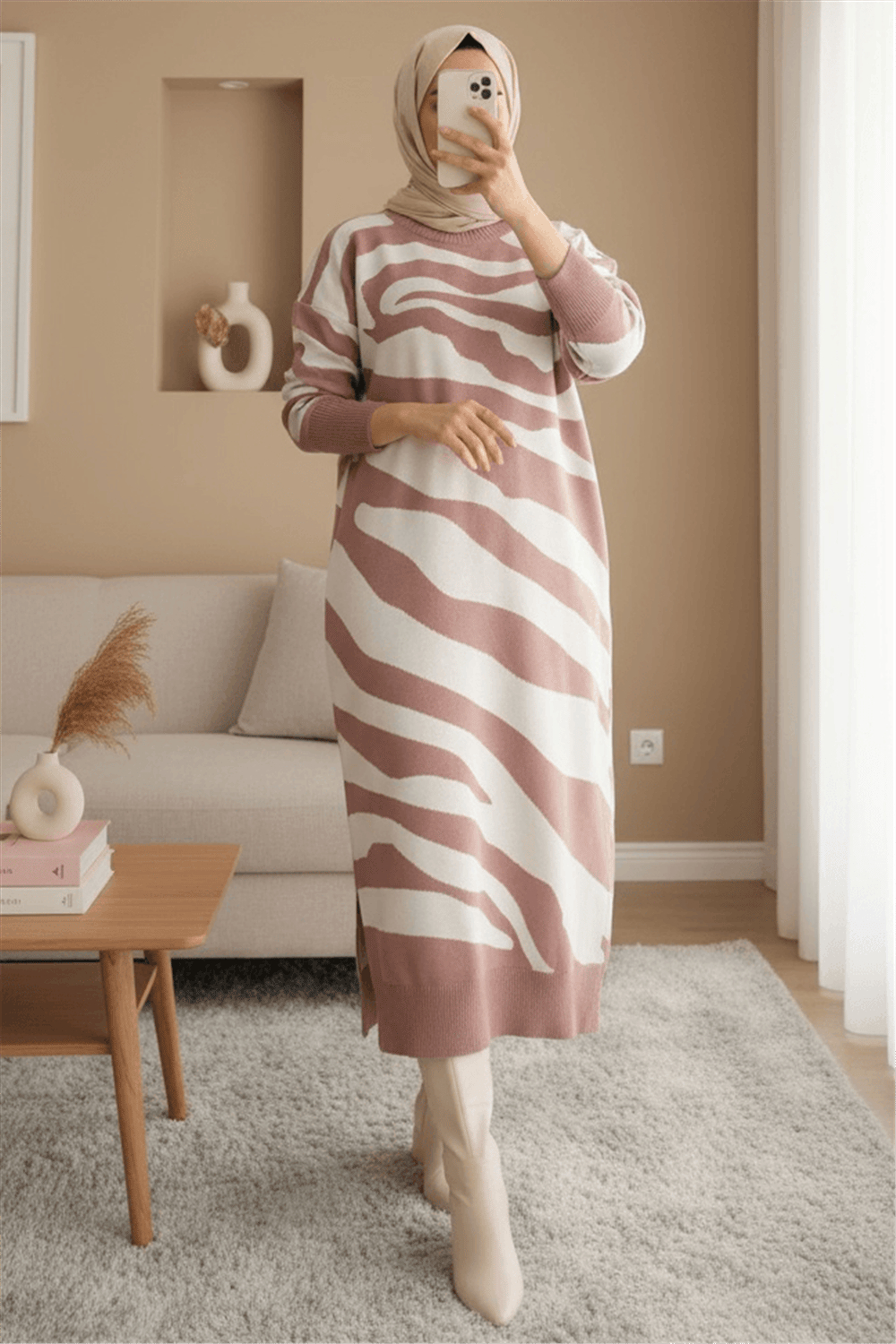 Yırtmaçlı Desenli Triko Elbise  -G.Kurusu-Elbise-384-45-R27