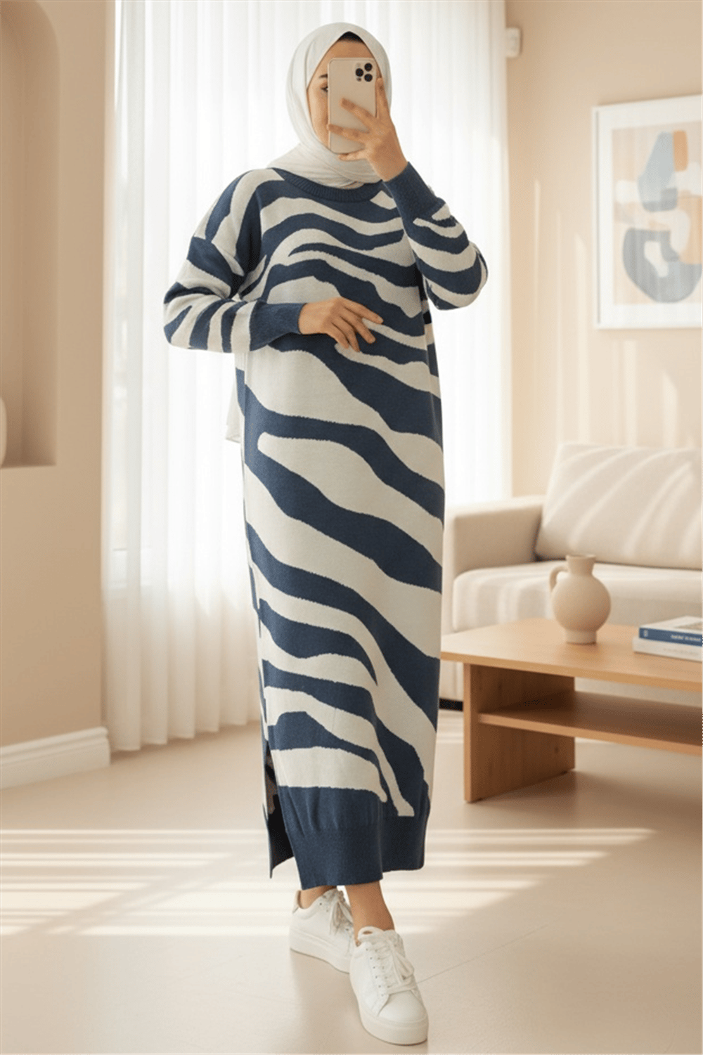 Yırtmaçlı Desenli Triko Elbise -İndigo-Elbise-384-45-R21