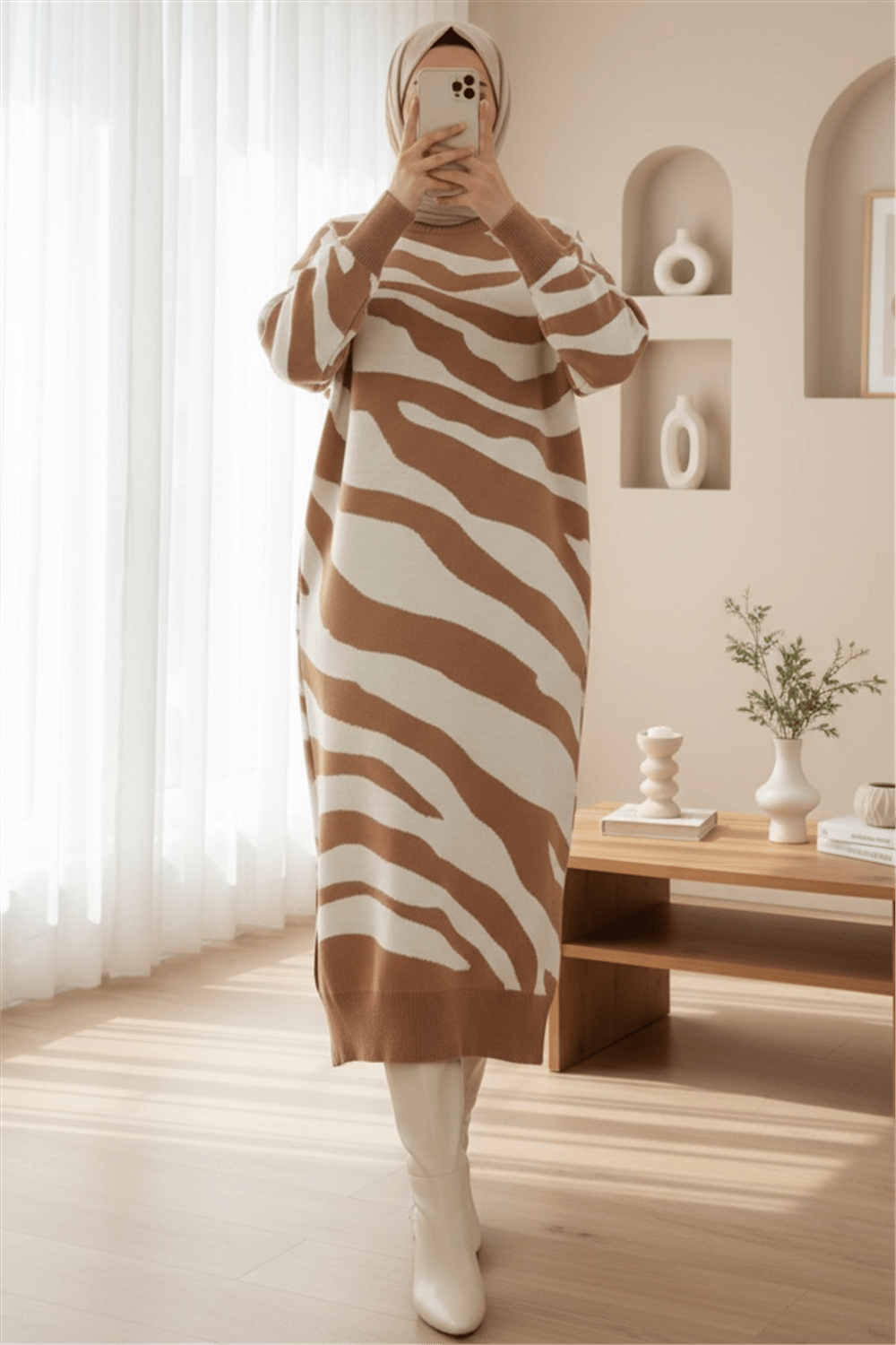Yırtmaçlı Desenli Triko Elbise -Taba-Elbise-384-45-R12