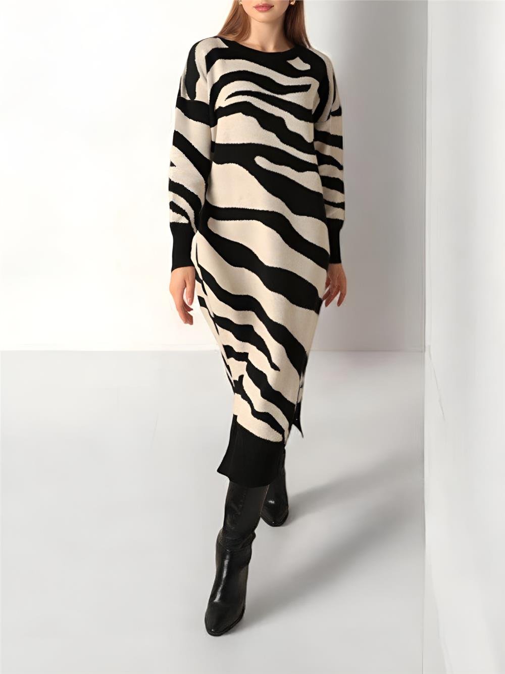 Yırtmaçlı Desenli Triko Elbise -Taş-384-45-R43