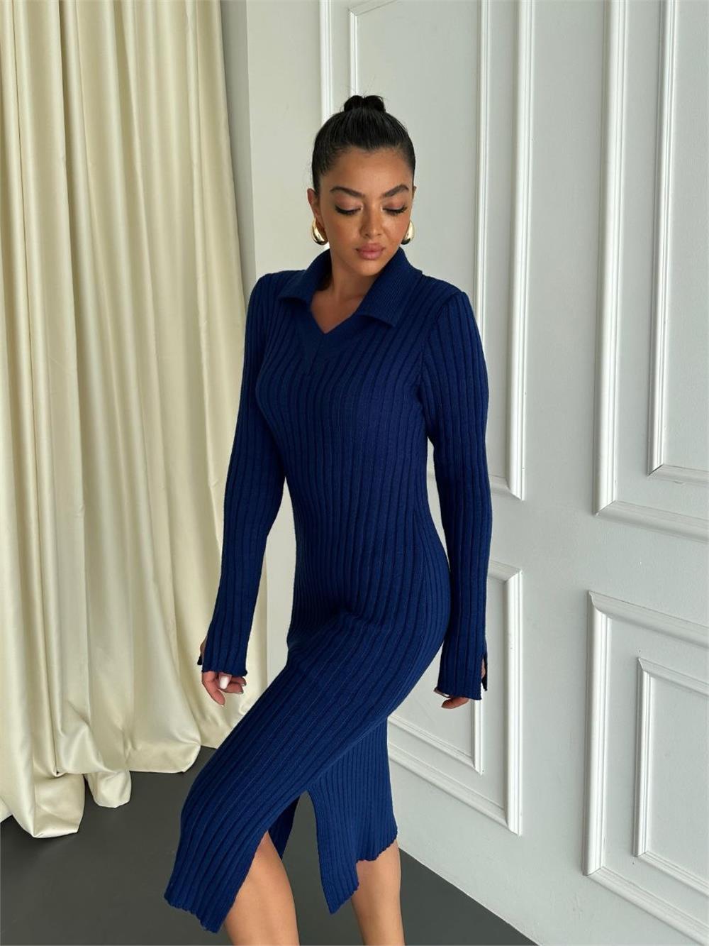Yırtmaçlı Geniş Yakalı Triko Elbise -Lacivert-385-2853-R03