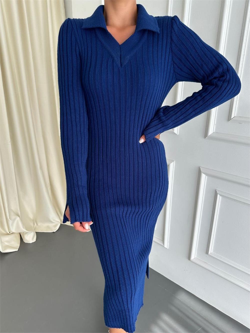 Yırtmaçlı Geniş Yakalı Triko Elbise -Lacivert-385-2853-R03