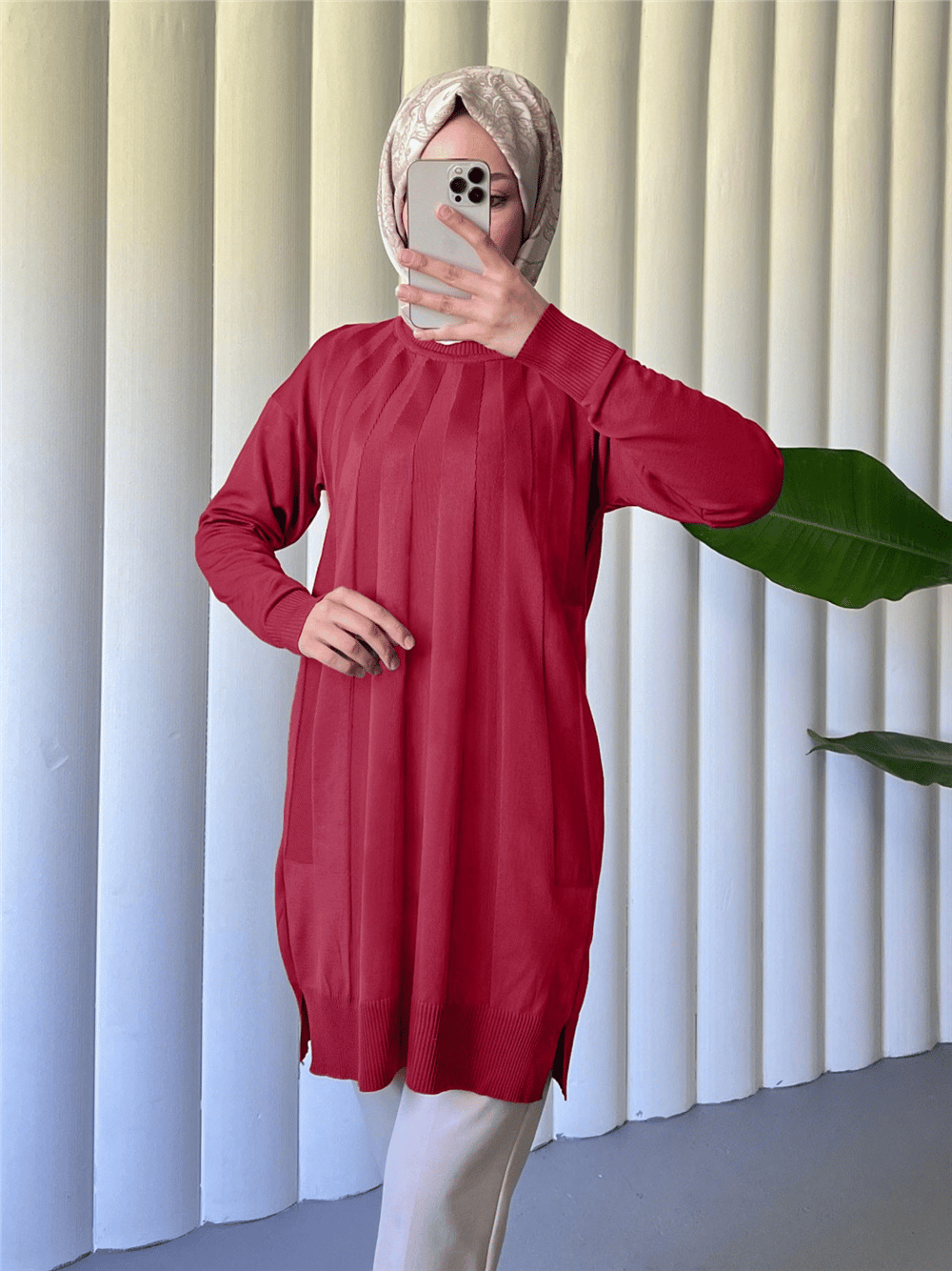 Yırtmaçlı Yelpaze Desenli Triko Tunik -Kırmızı-Triko Tunik-280-3190-R33