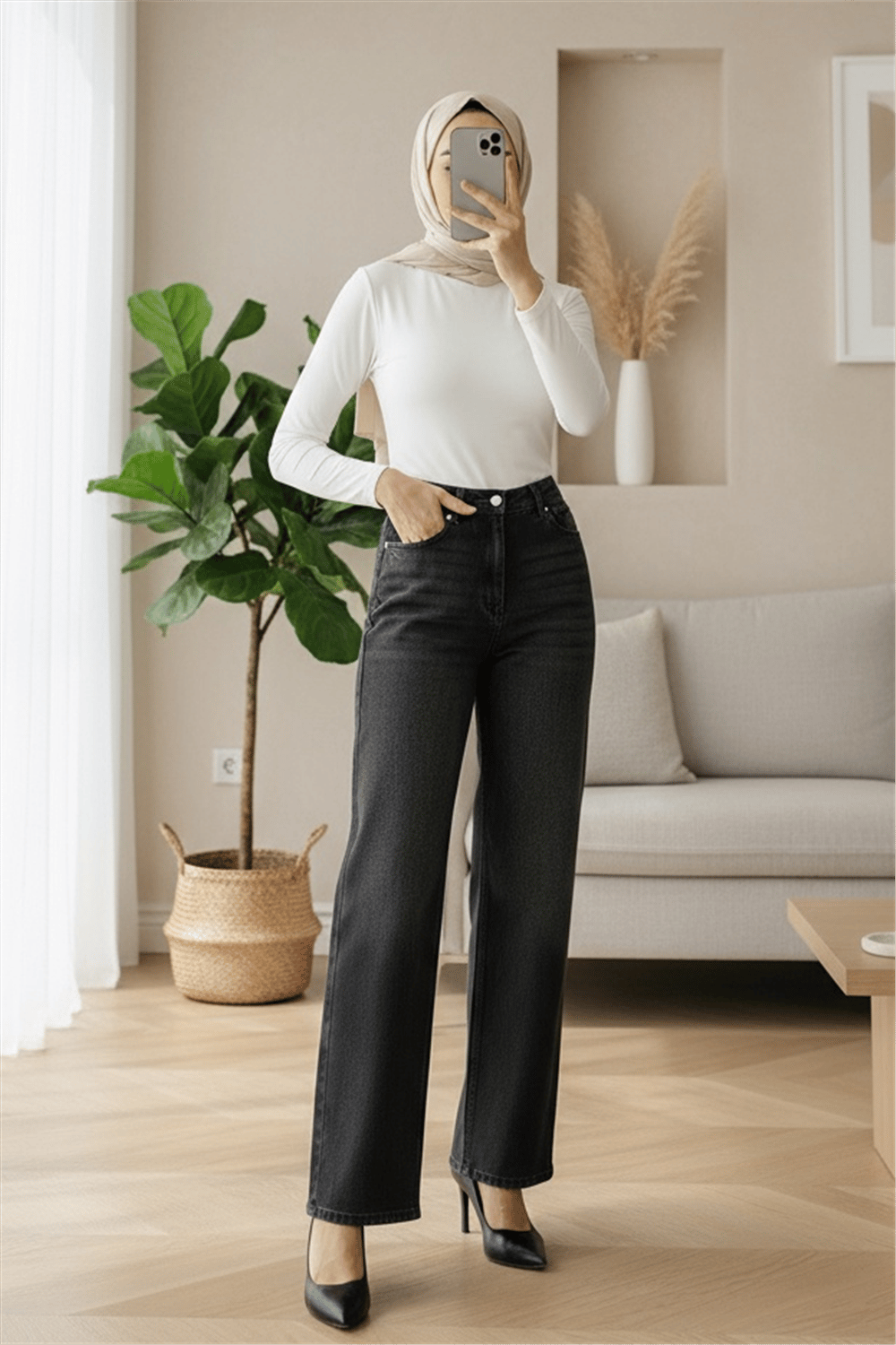 Yüksek Bel Likralı Cepli Bol Paça Kot Pantolon -Siyah-Pantolon-427-6034-R01