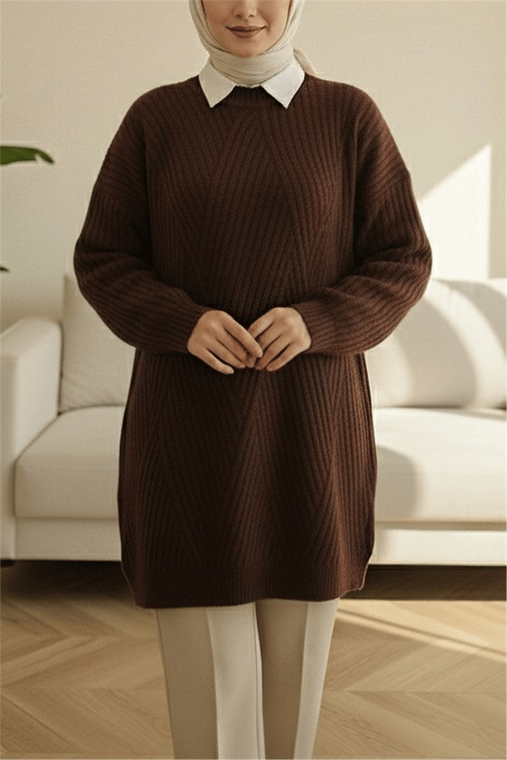 Yürütme Örgü Baklava Desenli Triko Tunik   -K. Kahve-Triko Tunik-397-7852-R54