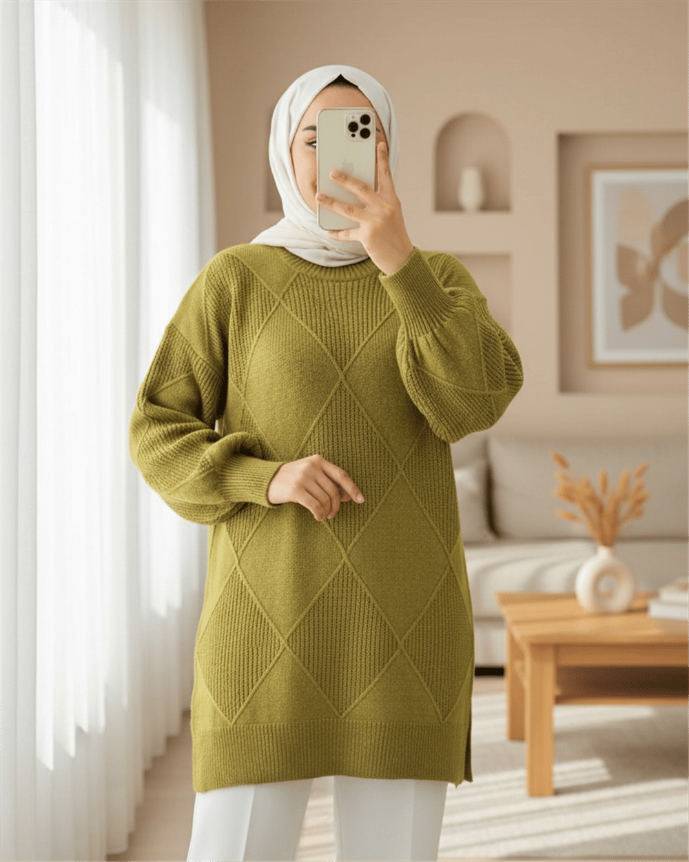 Yuvarlak Yaka Baklava Desen Yırtmaçlı Triko Kazak -Yağ Yeşili-Kazak-295-4518-R72