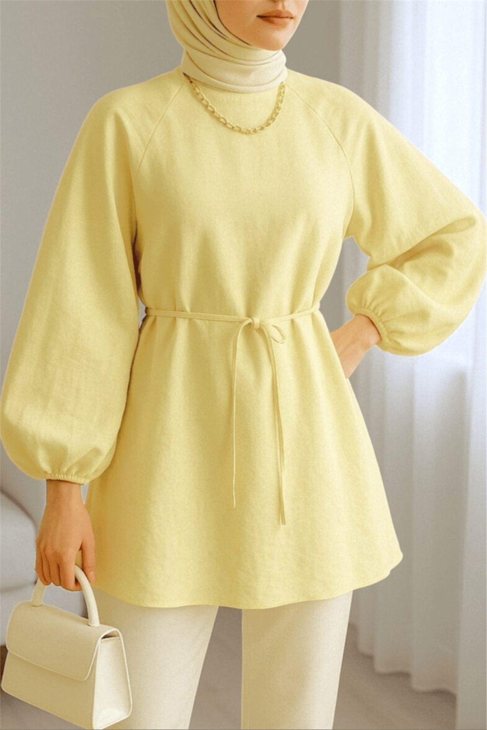 Yuvarlak Yaka Beli Bağcıklı Balon Kol Tunik  -Açık Sarı-Tunik-223-3001-R75