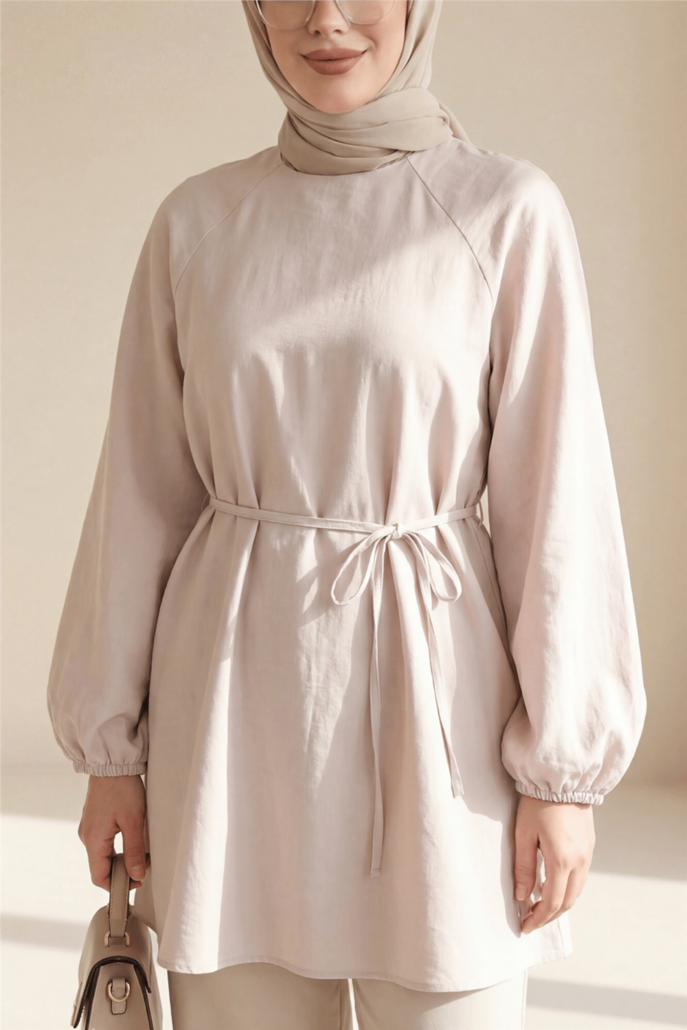 Yuvarlak Yaka Beli Bağcıklı Balon Kol Tunik  -Taş-Tunik-223-3001-R43