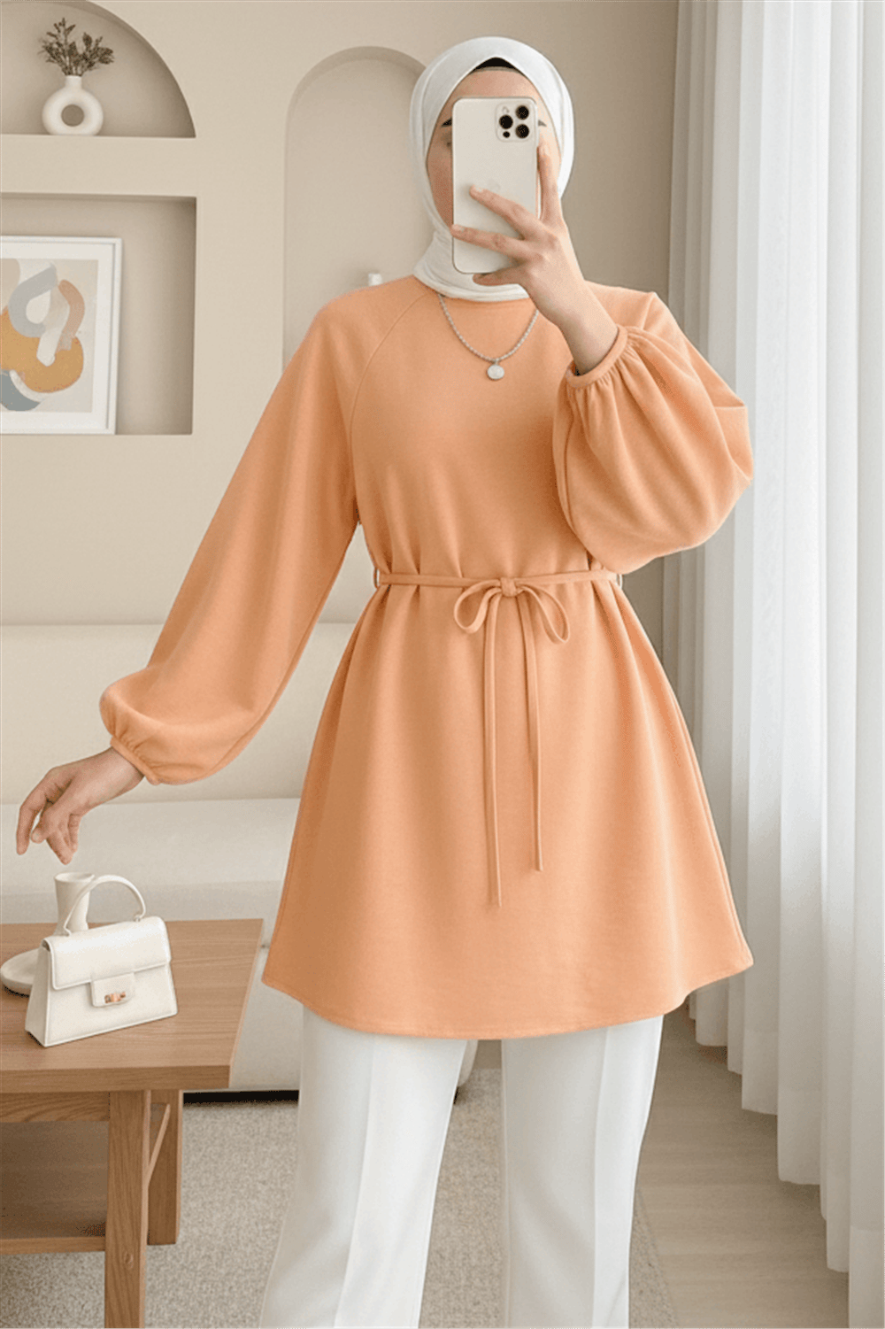 Yuvarlak Yaka Beli Bağcıklı Balon Kol Tunik   -Turuncu-Tunik-223-3001-R16