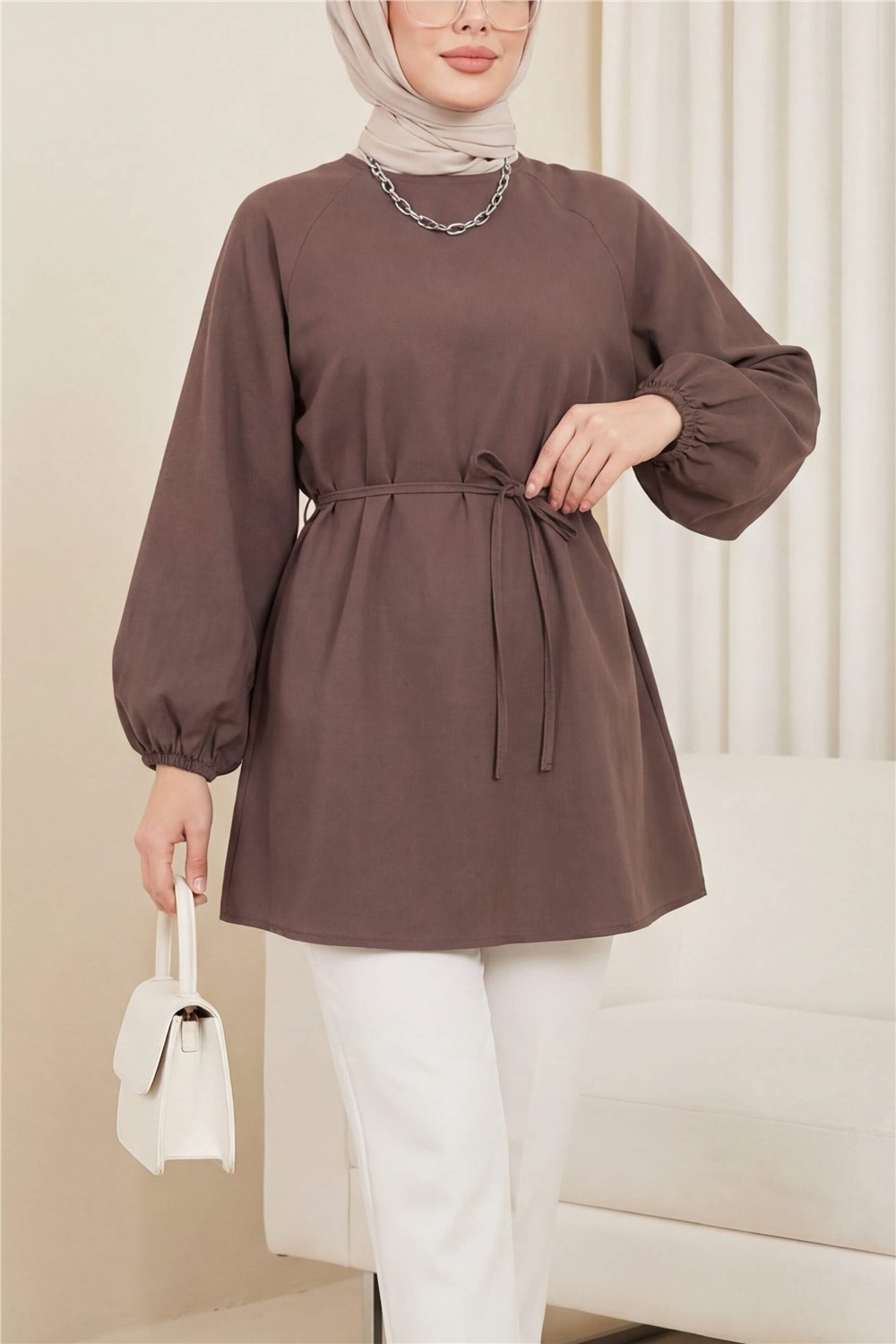 Yuvarlak Yaka Beli Bağcıklı Balon Kol Tunik  -Açık Kahve-Tunik-223-3001-R76