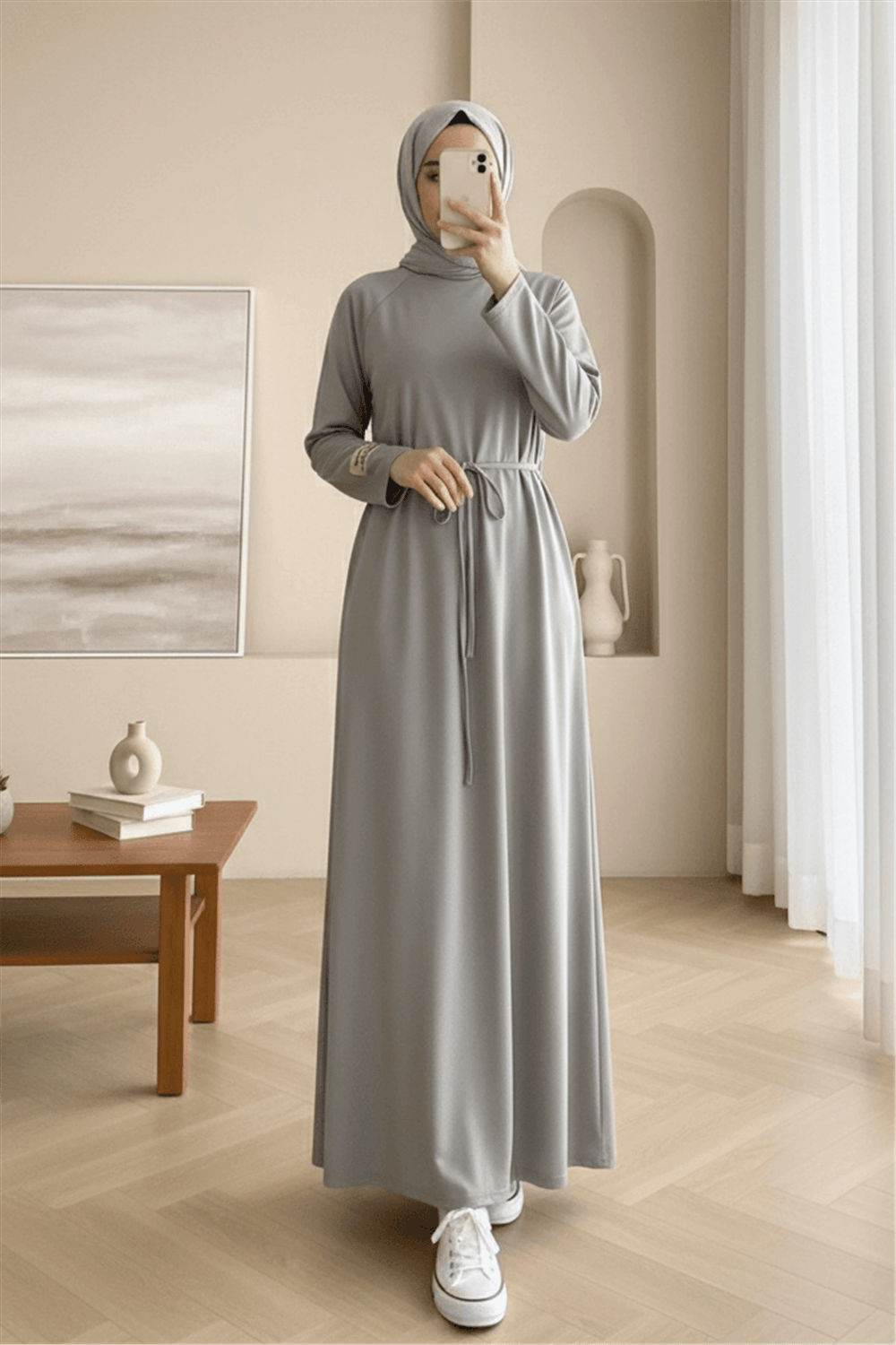 Yuvarlak Yaka Beli Bağlamalı Oysho Elbise -Gri-Elbise-253-13078-R11