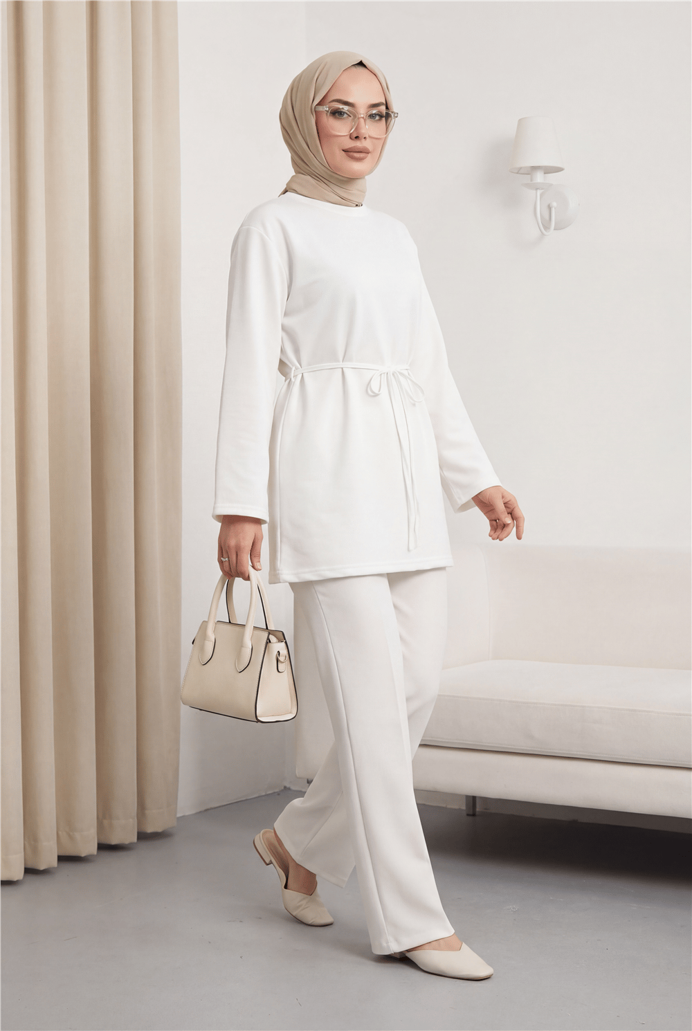 Yuvarlak Yaka Beli Bağlamalı Penye Tunik -Beyaz-Tunik-253-13071-R02