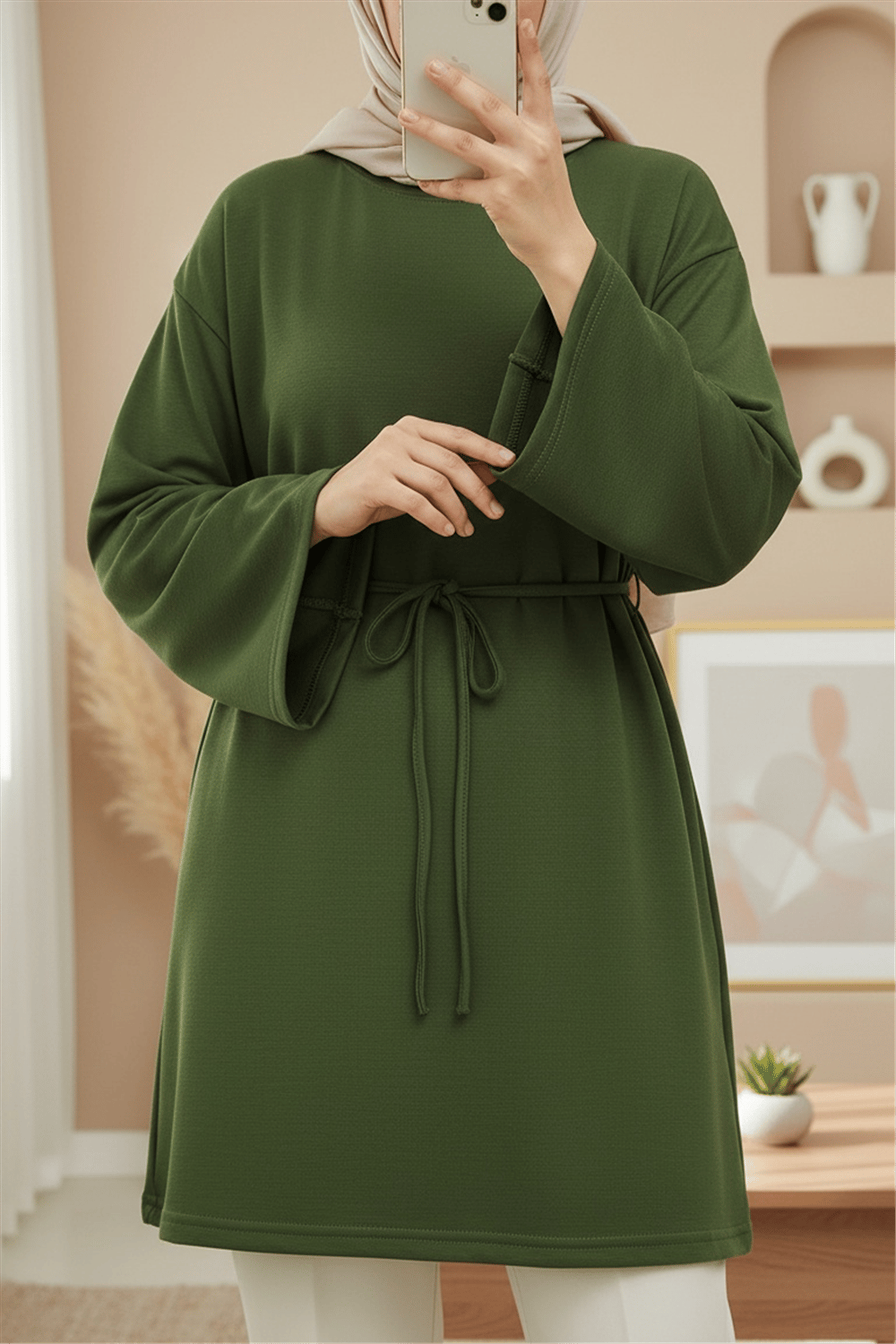 Yuvarlak Yaka Beli Bağlamalı Penye Tunik -Haki-Tunik-253-13071-R05