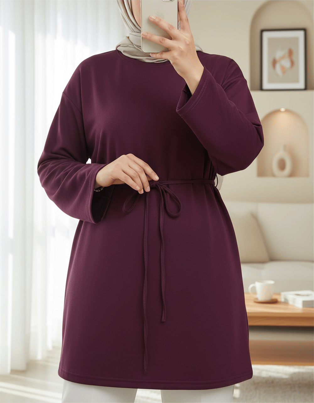 Yuvarlak Yaka Beli Bağlamalı Penye Tunik -Mürdüm-Tunik-253-13071-R09