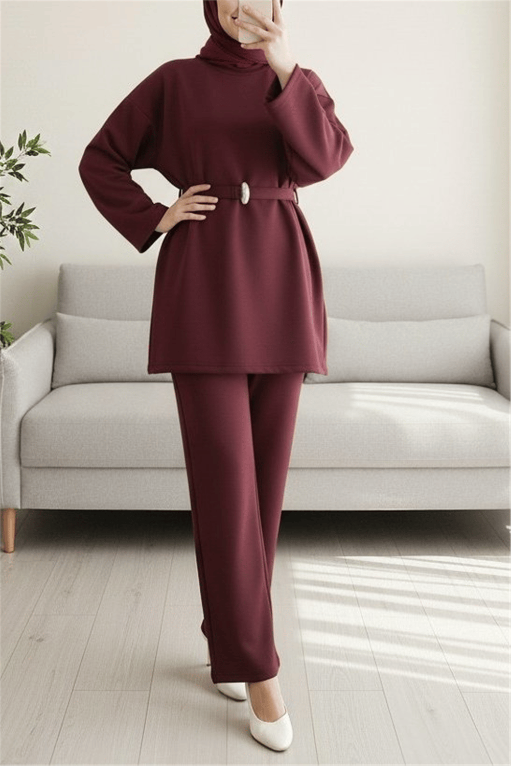 Yuvarlak Yaka Beli Kemerli Scuba Takım -Bordo-Takım-120-6363-R04