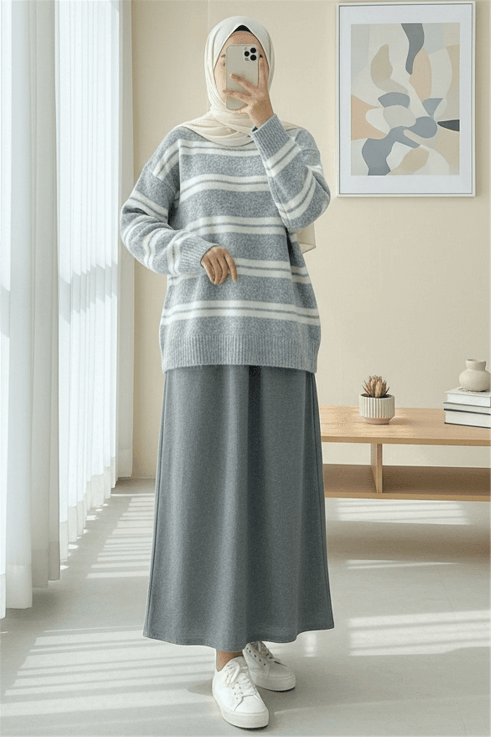 Yuvarlak Yaka Çizgili Yumoş Triko Kazak -Gri-Kazak-357-7016-R11