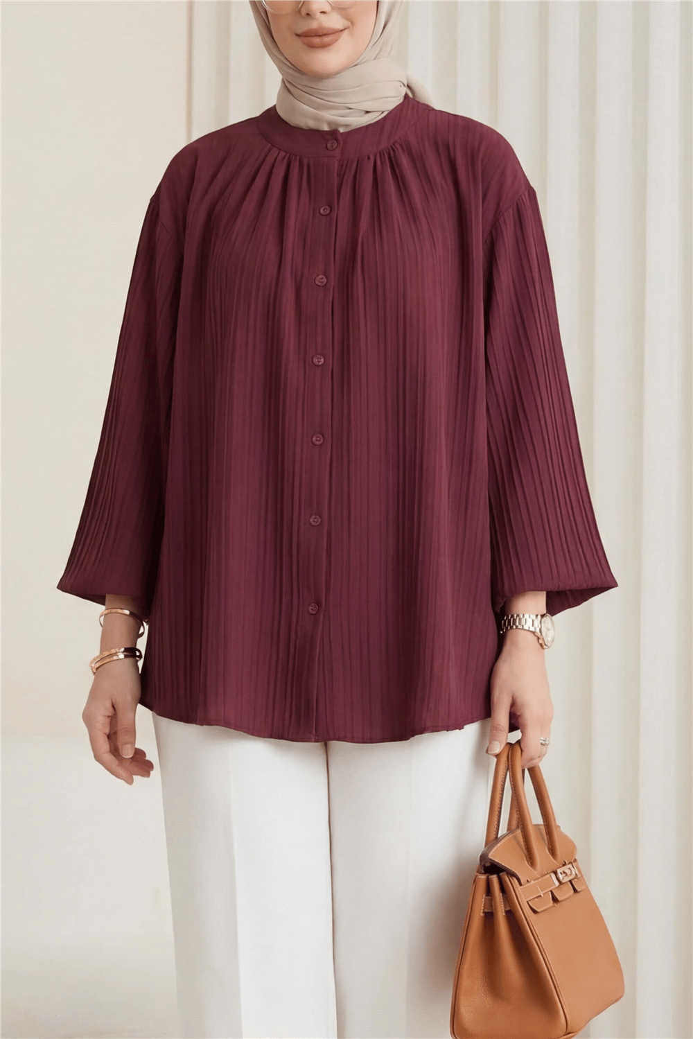 Yuvarlak Yaka Düğmeli İspanyol Kol Siena Tunik -Bordo-Tunik-120-1645-R04