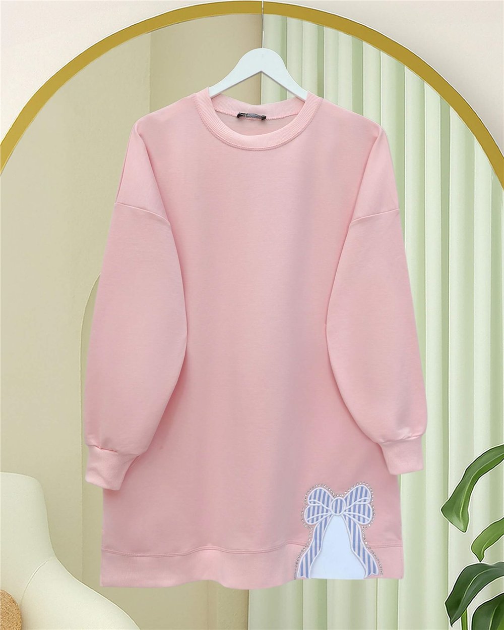 Yuvarlak Yaka Eteği Fiyonk Detaylı  Salaş Penye Tunik  -Pudra-Tunik-349-7095-R06