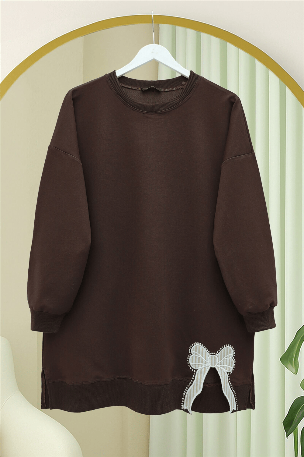 Yuvarlak Yaka Eteği Fiyonk Detaylı  Salaş Penye Tunik -Kahve-Tunik-349-7095-R15