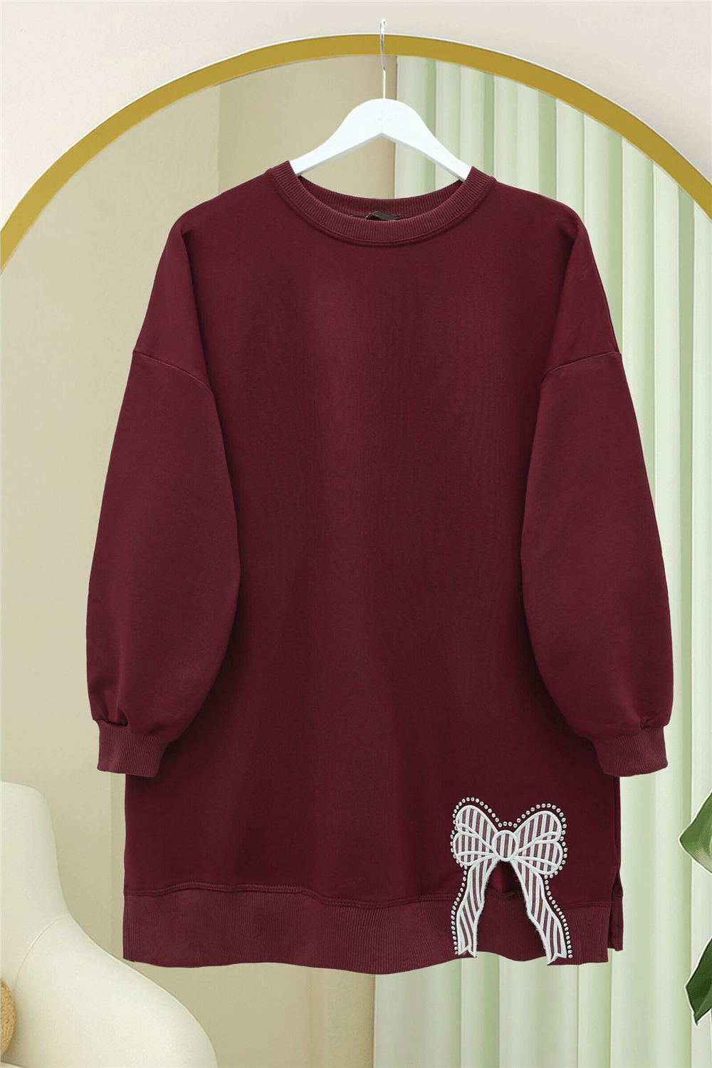 Yuvarlak Yaka Eteği Fiyonk Detaylı  Salaş Penye Tunik -Bordo-Tunik-349-7095-R04