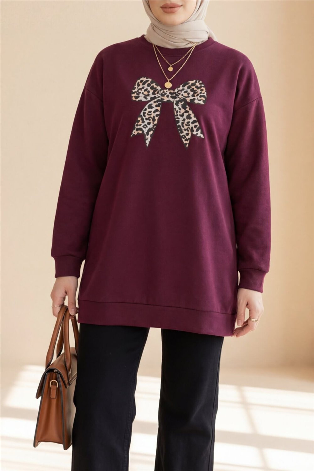 Yuvarlak Yaka Fiyonk Baskılı Salaş Oyşo Tunik -Mürdüm-Tunik-349-8059-R09
