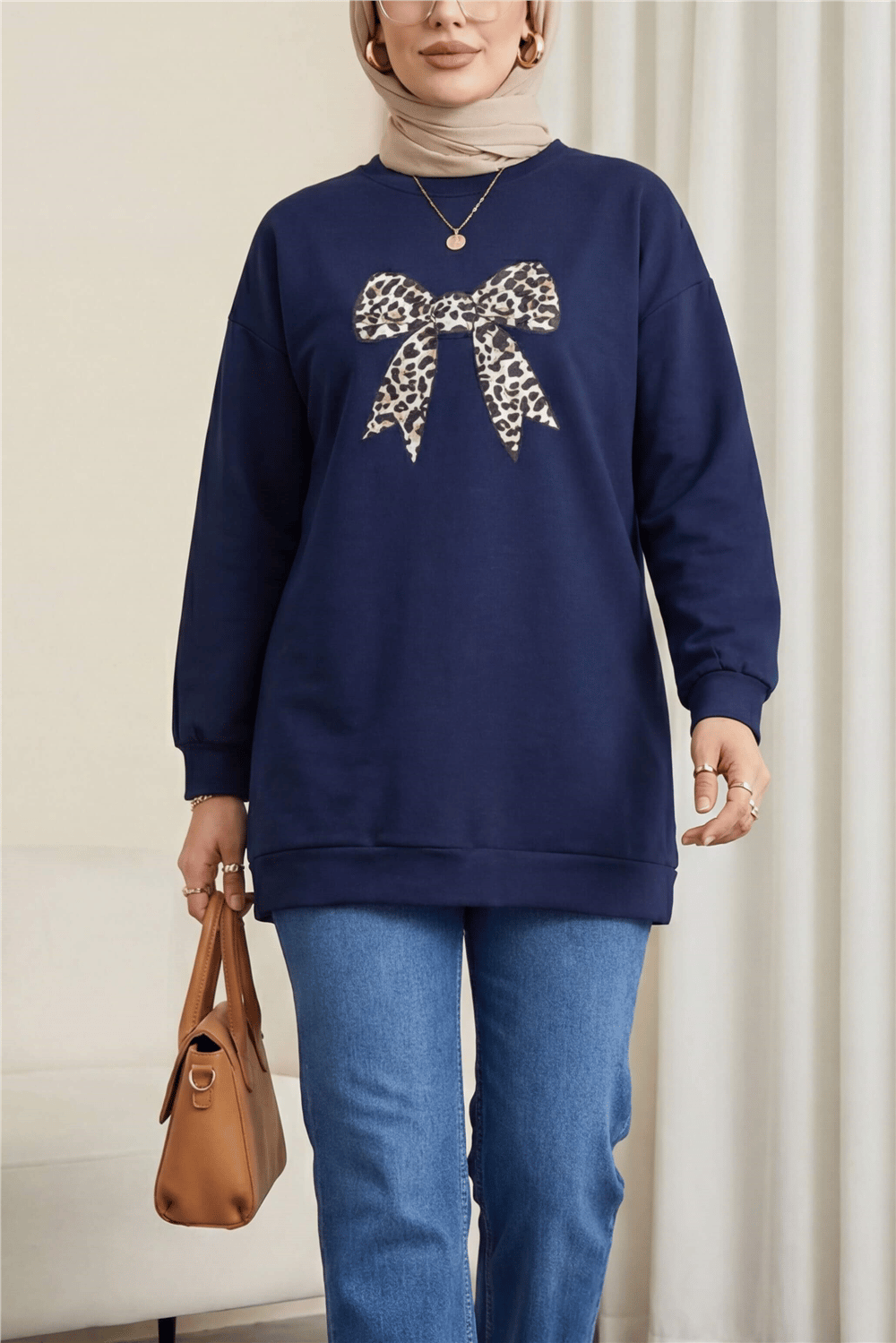 Yuvarlak Yaka Fiyonk Baskılı Salaş Oyşo Tunik -Laci-Tunik-349-8059-R03