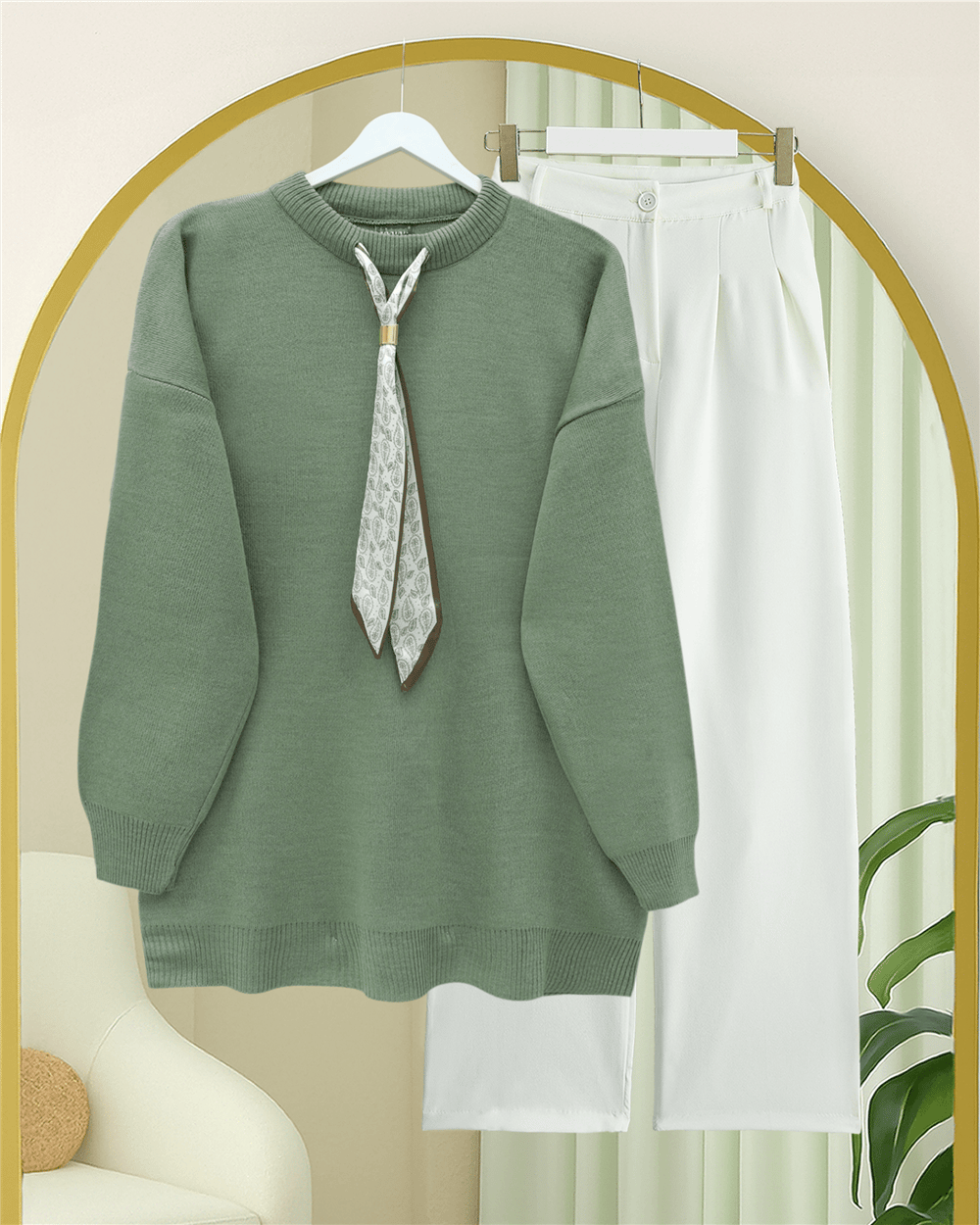 Yuvarlak Yaka Fularlı Salaş Triko Tunik   -Çağla Y.-Kazak-109-9776-R70