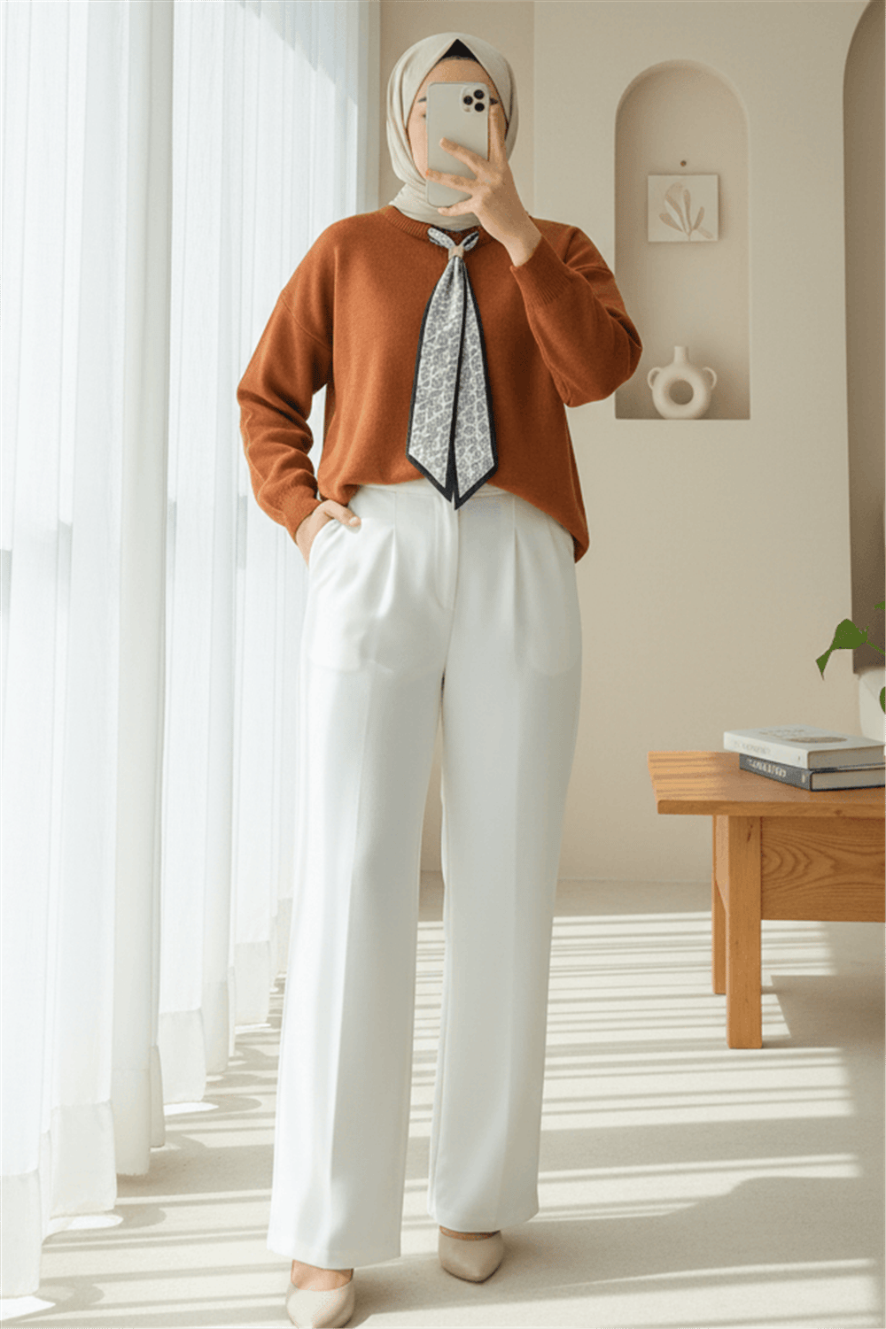 Yuvarlak Yaka Fularlı Salaş Triko Tunik -Kiremit-Kazak-109-9776-R30