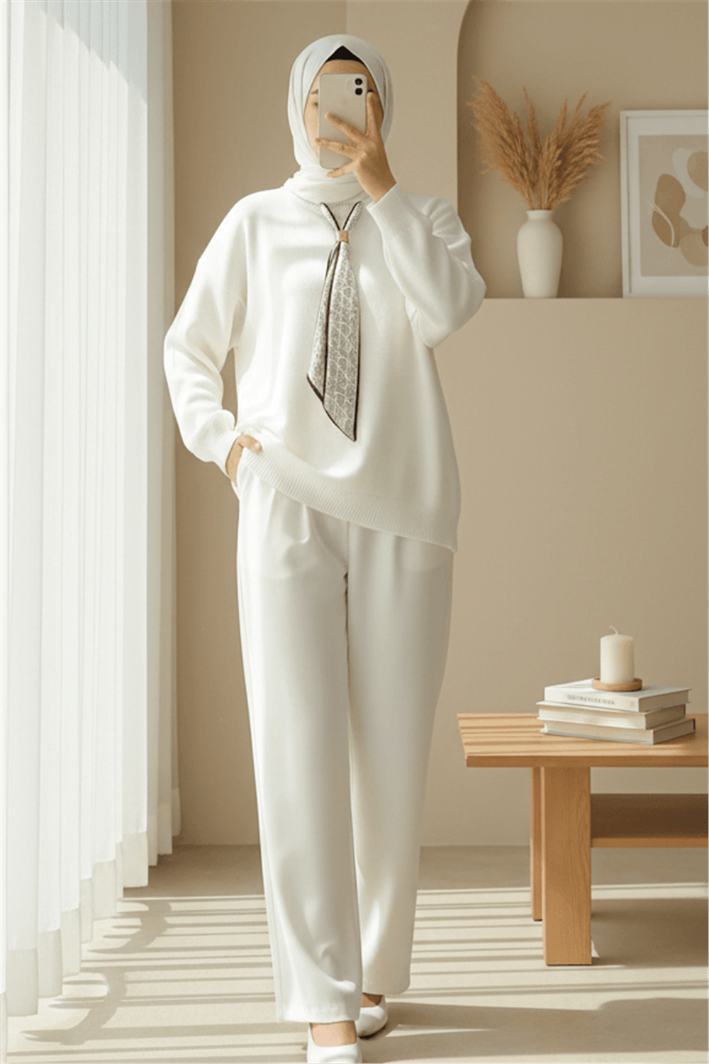 Yuvarlak Yaka Fularlı Salaş Triko Tunik -Ekru-Kazak-109-9776-R07