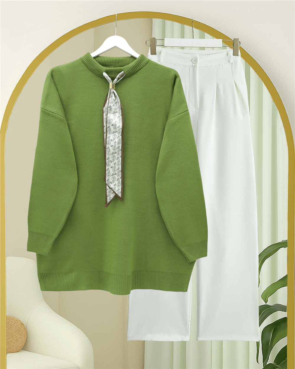 Yuvarlak Yaka Fularlı Salaş Triko Tunik  -F.Yeşili-Kazak-109-9776-R67