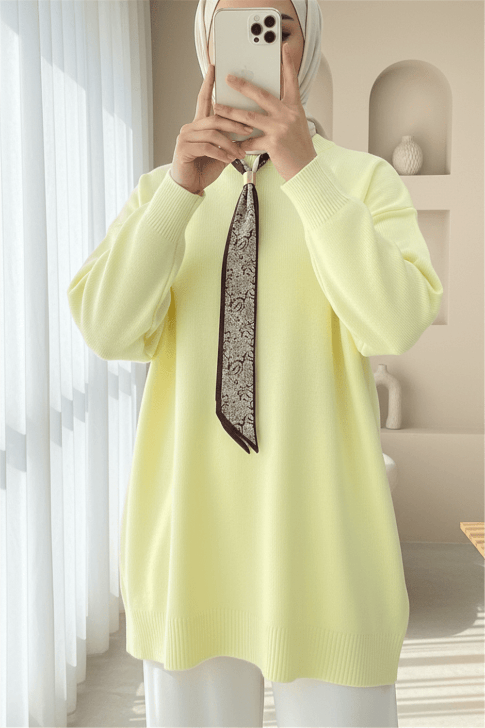 Yuvarlak Yaka Fularlı Salaş Triko Tunik -Açık Sarı-Kazak-109-9776-R75