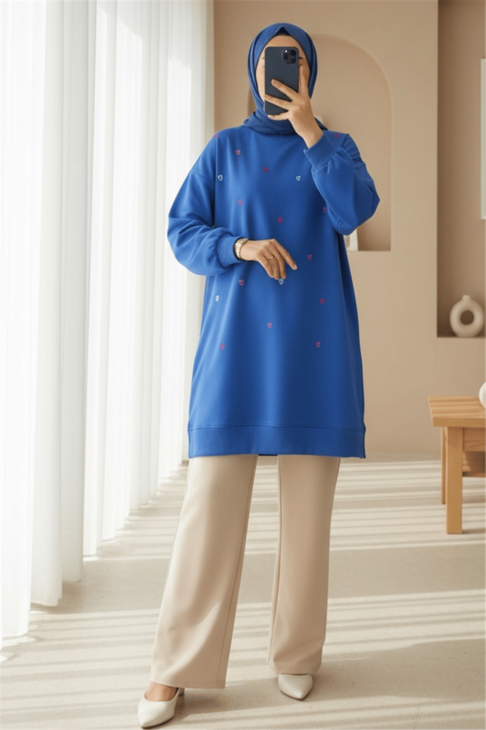 Yuvarlak Yaka Kalp Desenli Penye Tunik  -Mavi-Tunik-349-7090-R31