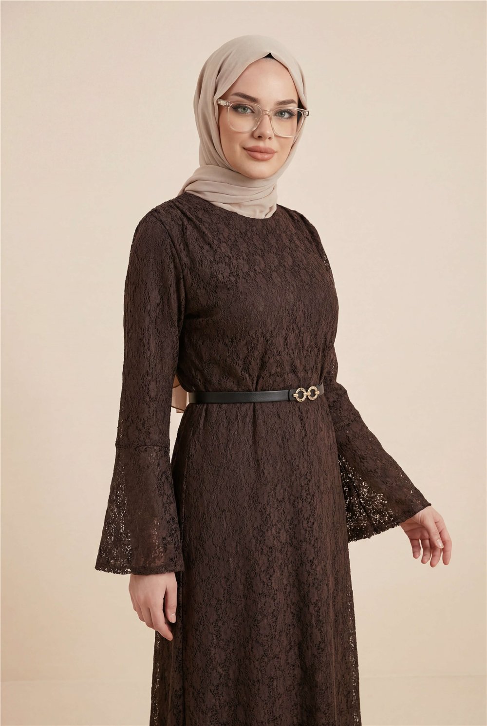 Yuvarlak Yaka Kemerli Astarlı Dantel Elbise -K. Kahve-Elbise-426-5317-R54