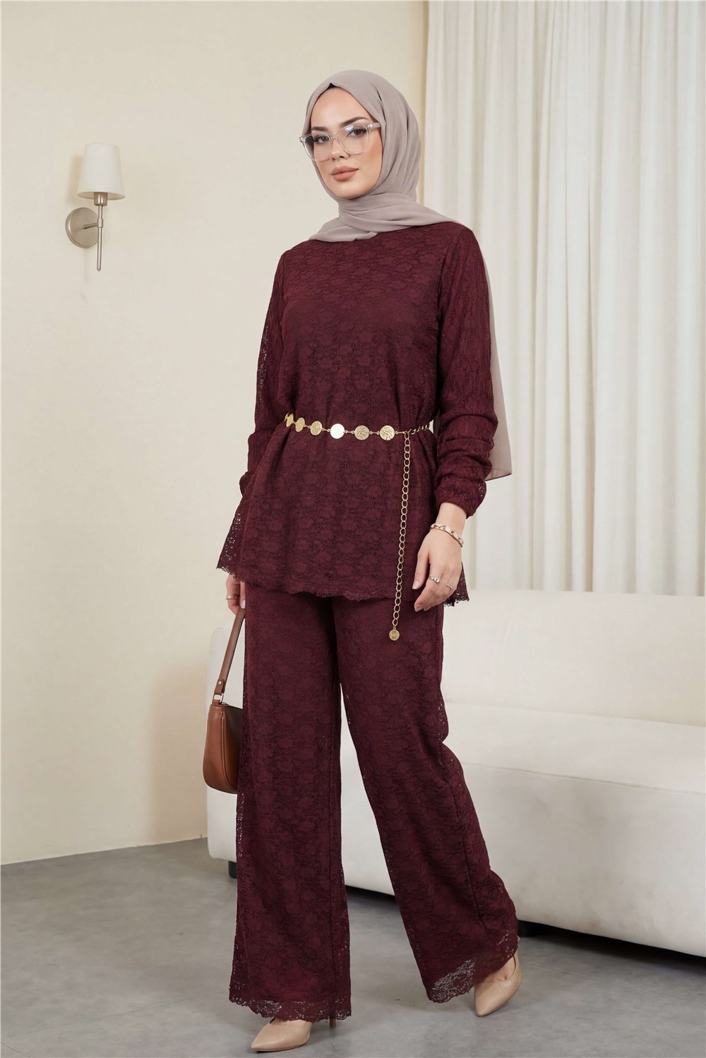 Yuvarlak Yaka Kemerli Dantel Detaylı Astarlı Pantolonlu Takım -Bordo-Takım-426-5307-R04