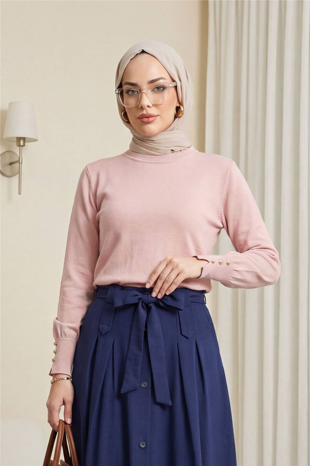Yuvarlak Yaka Kolu Düğme Detaylı Triko Tunik   -Pudra-Tunik-109-9793-R06