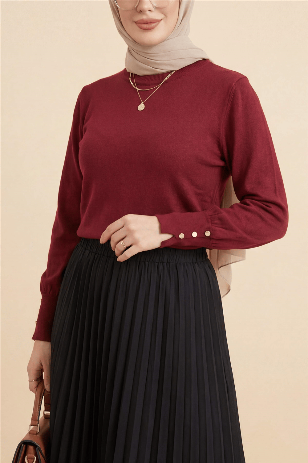Yuvarlak Yaka Kolu Düğme Detaylı Triko Tunik  -Bordo-Tunik-109-9793-R04