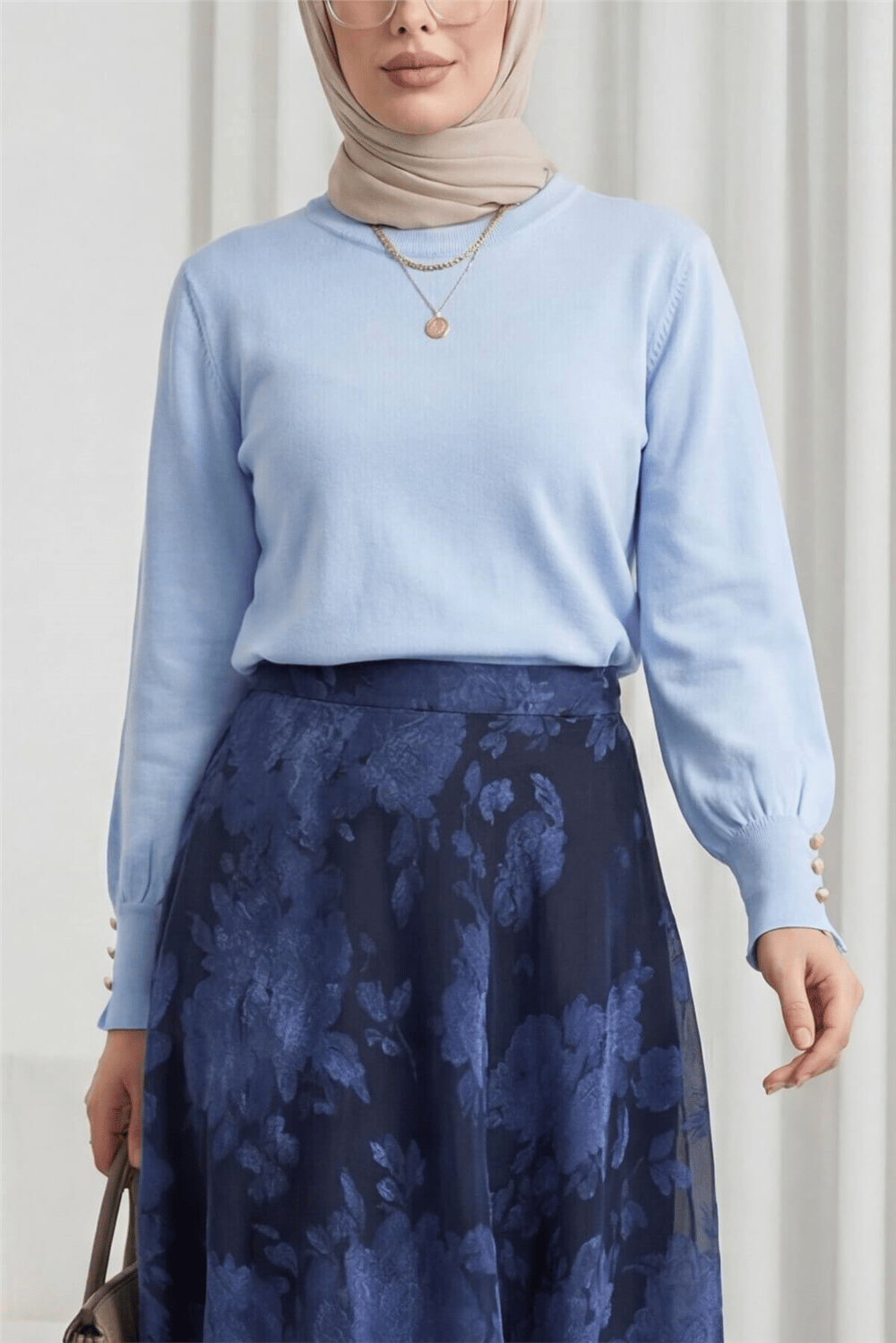 Yuvarlak Yaka Kolu Düğme Detaylı Triko Tunik   -Bebe Mavi-Tunik-109-9793-R32