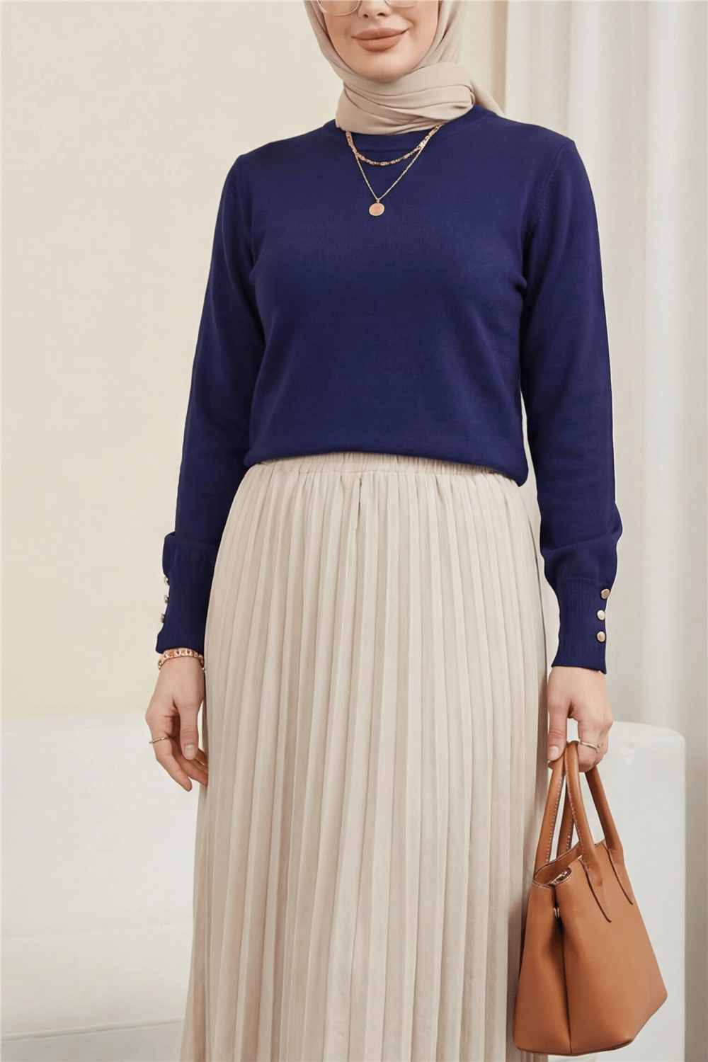 Yuvarlak Yaka Kolu Düğme Detaylı Triko Tunik  -İndigo-Tunik-109-9793-R21
