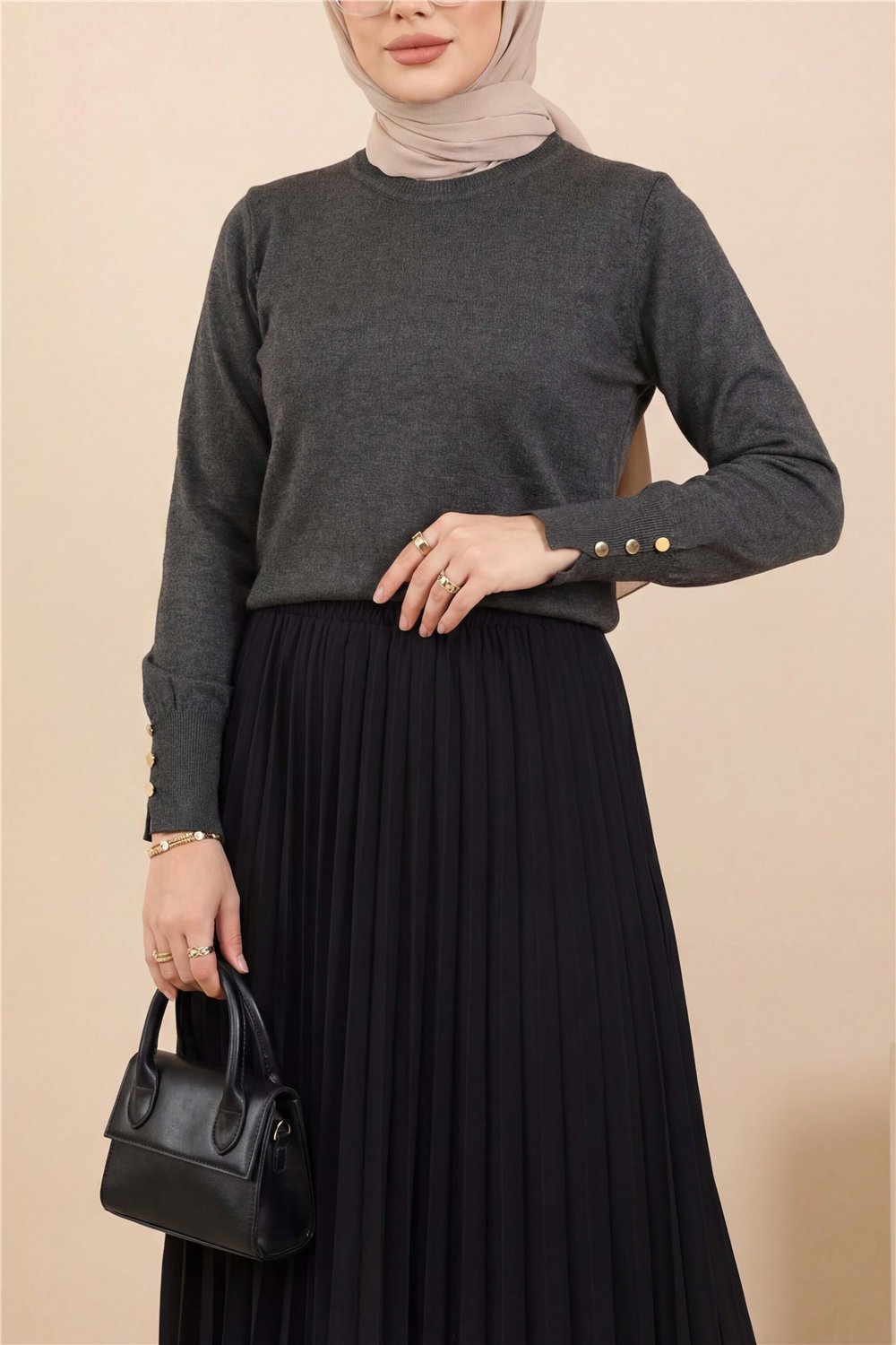 Yuvarlak Yaka Kolu Düğme Detaylı Triko Tunik  -Füme-Tunik-109-9793-R18