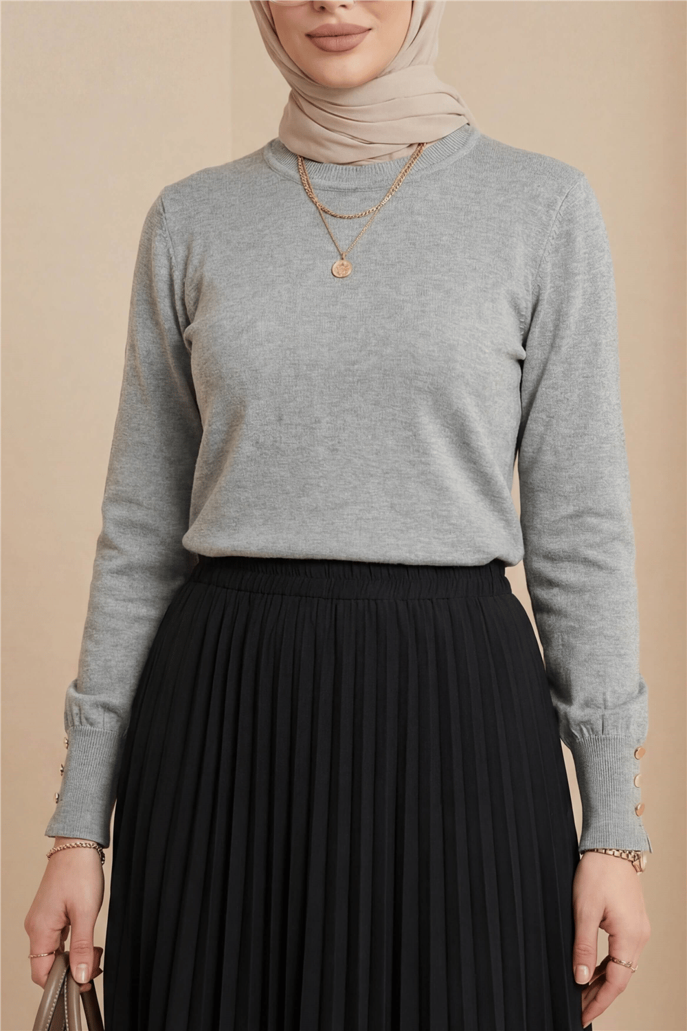 Yuvarlak Yaka Kolu Düğme Detaylı Triko Tunik  -Açık Gri-Tunik-109-9793-R41