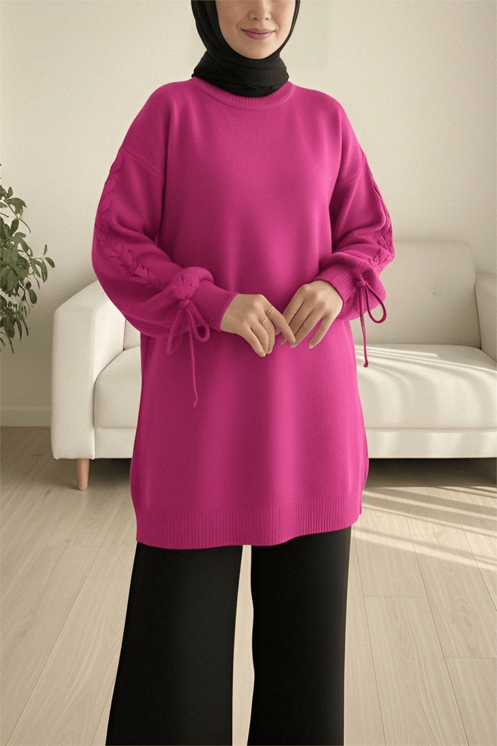 Yuvarlak Yaka Kolu Örgü Detaylı Triko Kazak -Fuşya-Kazak-295-1280-R14
