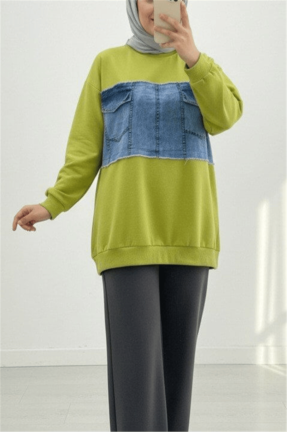 Yuvarlak Yaka Önü Kot Cep Detaylı Sweat -Yağ Yeşili-Sweatshirt-362-4419-R72