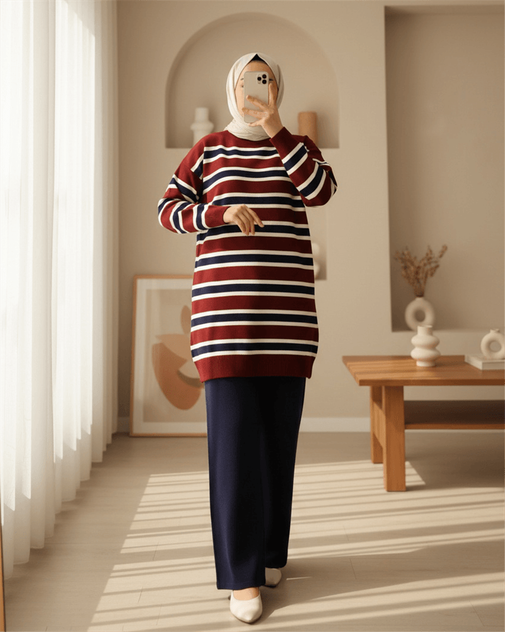 Yuvarlak Yaka Renkli Çizgili Salaş Triko Takım -Bordo-Takım-295-1298-R04