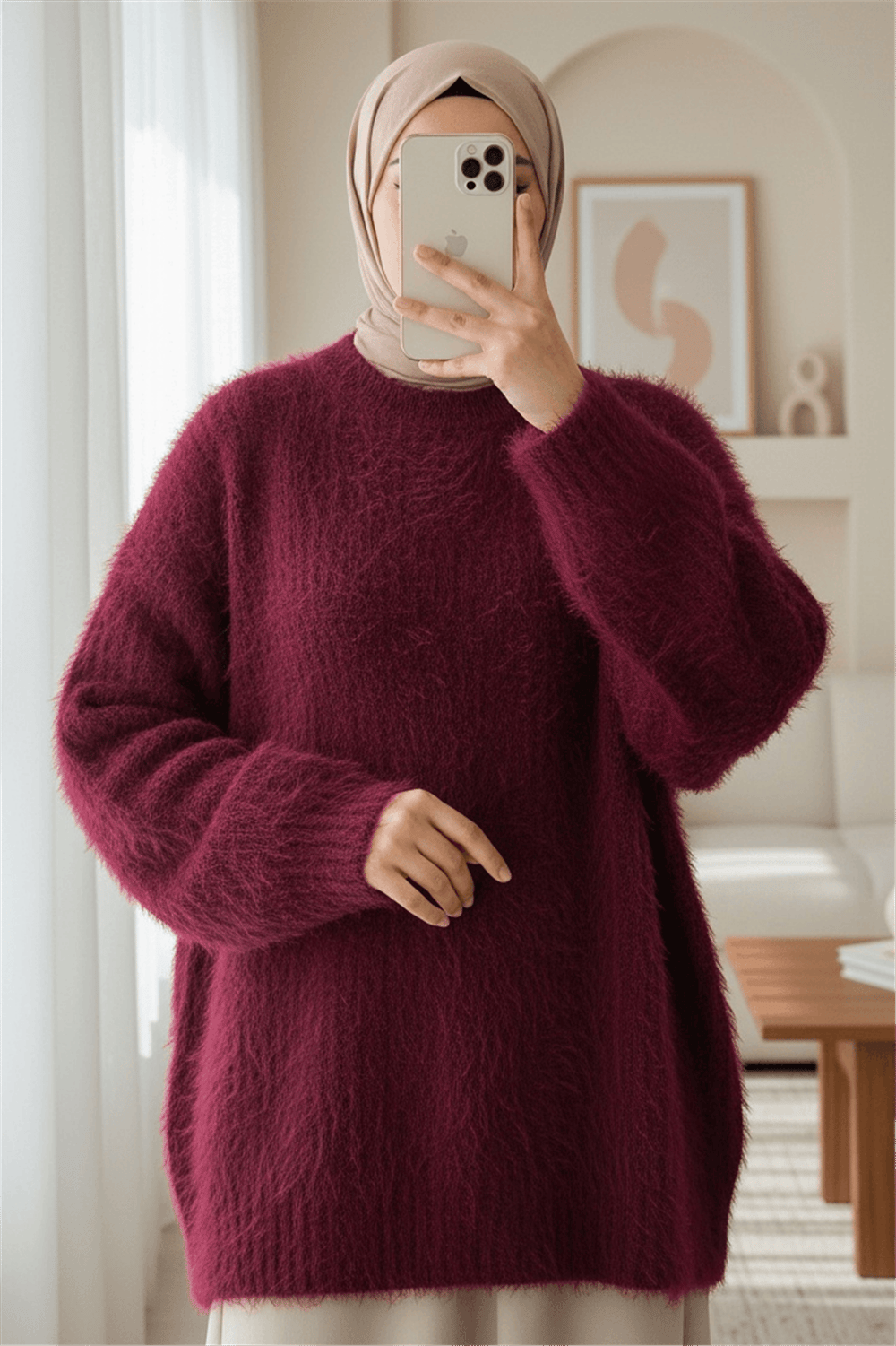 Yuvarlak Yaka Sakallı Triko Kazak -Bordo-Kazak-357-7004-R04