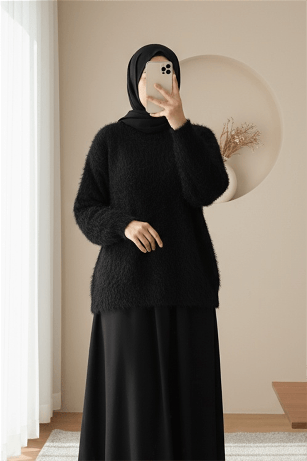 Yuvarlak Yaka Sakallı Triko Kazak -Siyah-Kazak-357-7004-R01