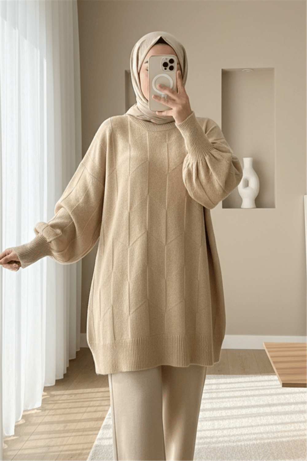Yuvarlak Yaka Salaş Desenli Triko Kazak -Açık Vizon-Kazak-295-4514-R51