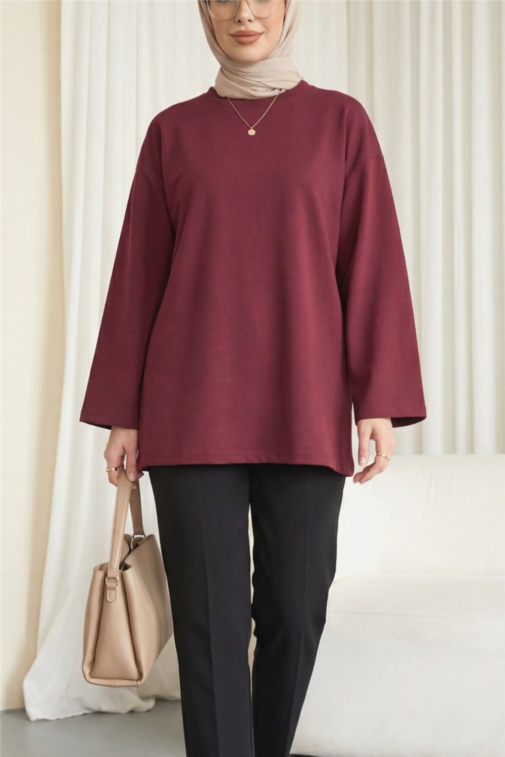 Yuvarlak Yaka Salaş Penye Tunik  -Bordo-Tunik-437-10751-R04